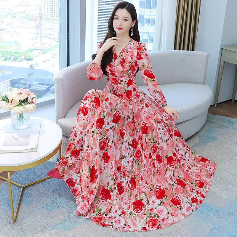 Midi Dress  For Women 2023 Spring Long Sleeve Vestidos Elegantes Fiesta Chiffon Casual Floral  muslim maxi dresses for women