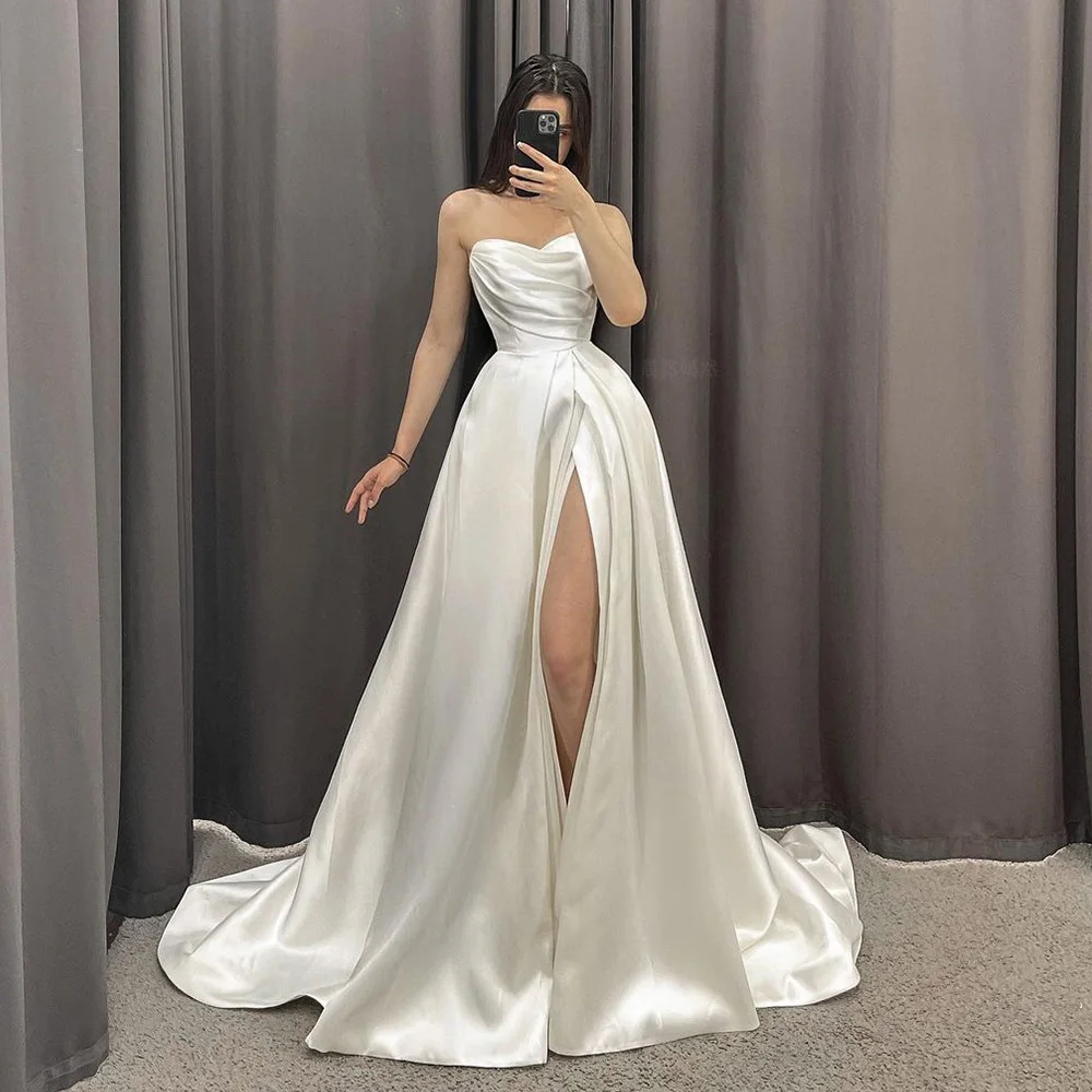 

Satin Wedding Dresses For Women 2022 Sweetheart Sweep Train A-Line Wedding Gowns Sexy Ivory Long Bride Dress vestidos de novia
