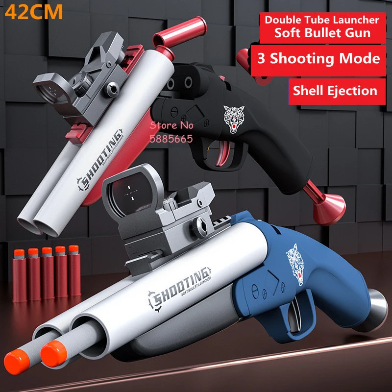 

42CM Boy Battle Game Double-Barreled Salvo Soft Bullet Gun Toy 15M 3 Shooting Mode Shell Ejection Manual Loaded Toy Gun Kids Toy