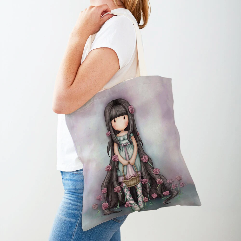 

Casual Fairy Tale World Lovely Child Shopping Bags Cute Cartoon Girl Double Print Reusable Eco Canvas Shopper Bag Handbag Tote