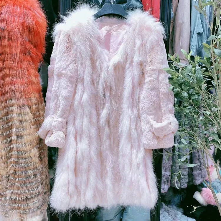 New Raccoon Fur Spokes with Rex Rabbit Fur Sleeves Mid-Length Coat Women's Long Sleeve Solid Color Faux Fur Jacket