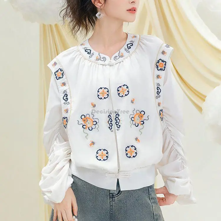 

2023 tang suit female chinese ethnic style disc buckle top new new chinese style embroidery loose long sleeve blouse female s99