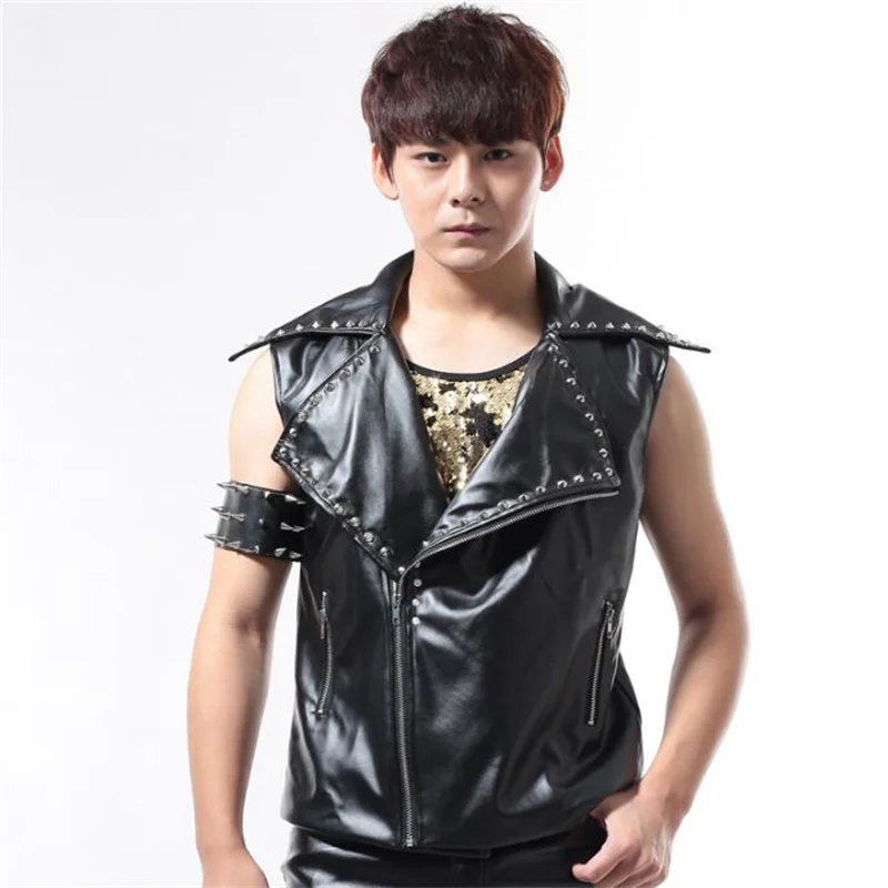 Personality Slim Male Sleeveless Oblique Zipper Leather Vest Men Punk Rock Costumes Hombre Rivets Singer Dance Stage Star Black