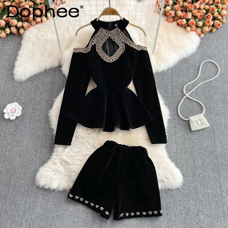 

Модный костюм, женские широкие шорты с высокой талией, верхняя одежда, нижнее белье, брюки, бархатная рубашка из двух предметов с лямкой на ш...