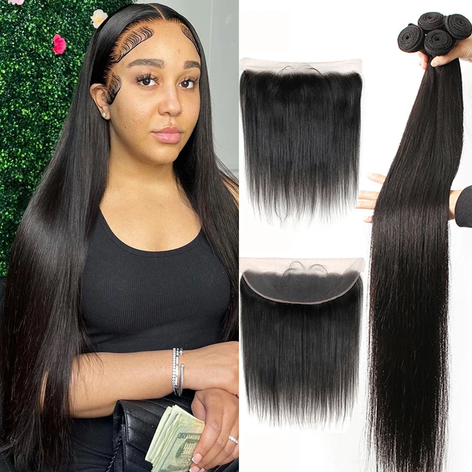 30 32 34 36 Inch Brazilian Bone Straight 3 4 Bundles With Frontal 13x4 Transparent Lace Front Human Hair Extensions For Women