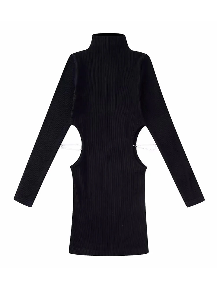 

Merodi Sexy Lady Autumn Knitted Black Straight Mini Dress Girls High Collar Long Sleeve Dresses Womesn Fashion Hole Waist Dress