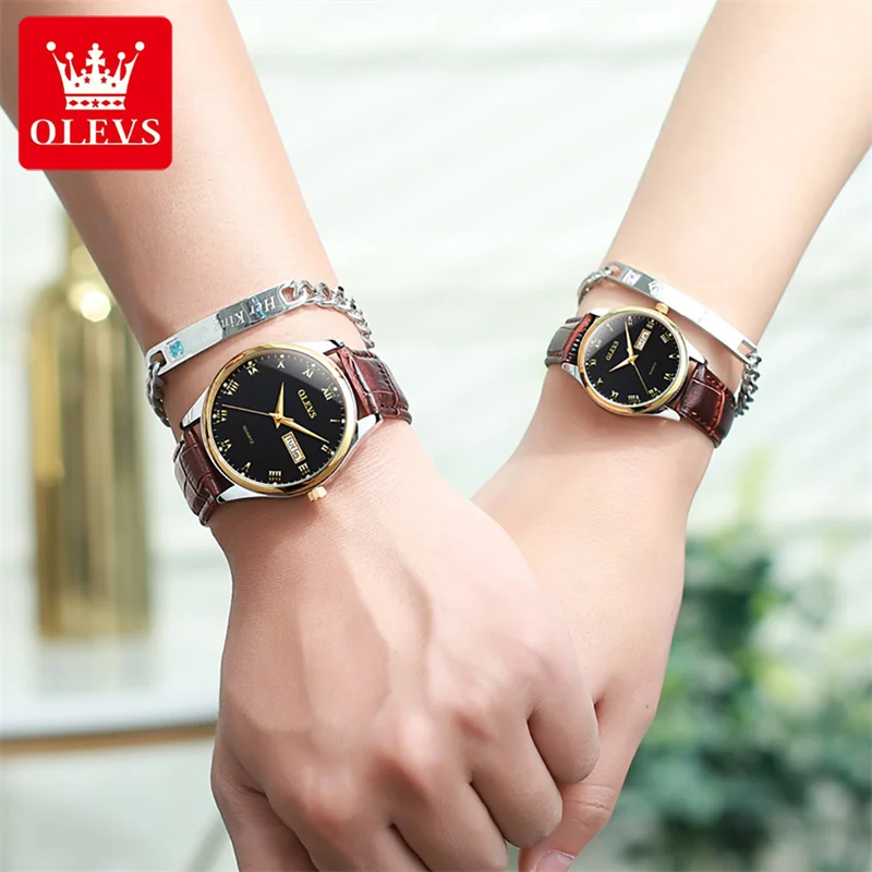 OLEVS Couple Watch for Men Women Fashion Stainless Steel Waterproof Luminous Quartz Watches Lovers Clock Week Calendar Watch