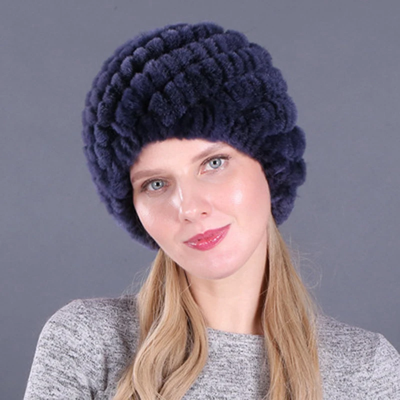 

Outdoor Winter Good Elastic Real Hat Women Knitted Natural Faux Rabbit Fur Skullies Cap Warm Soft Warm Fur Beanies Hats