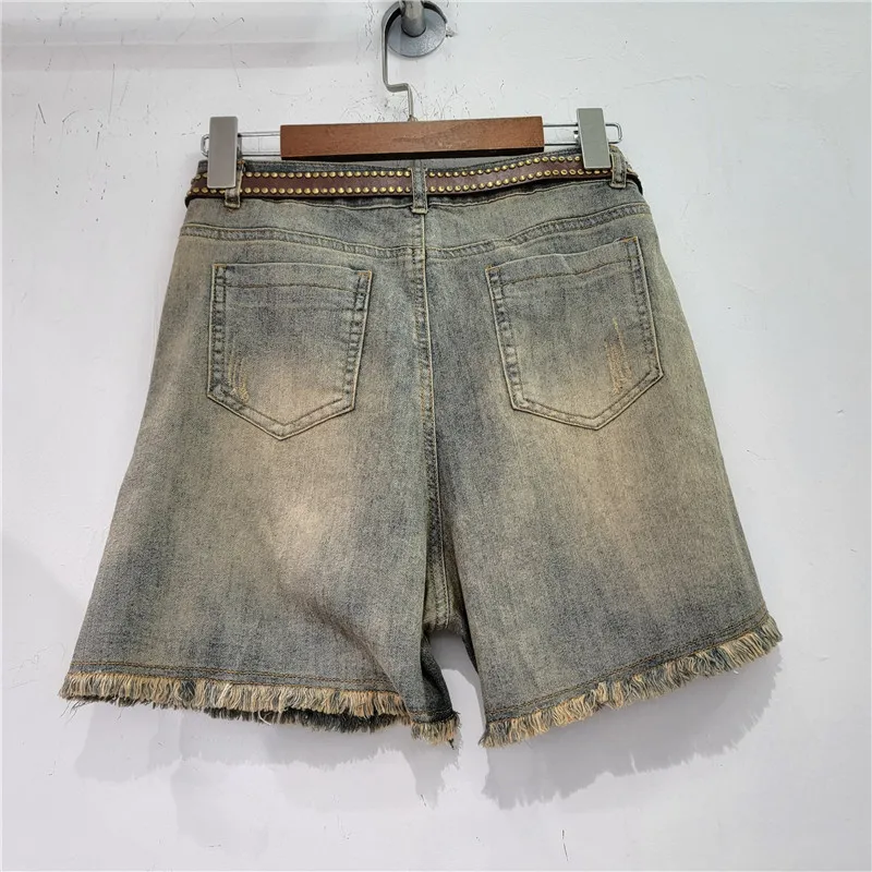 Summer 2023 Heavy Industry Beads Frayed Hot Drilling Straight Short Pants a-Line High Waist Wide Leg Slim Denim Shorts