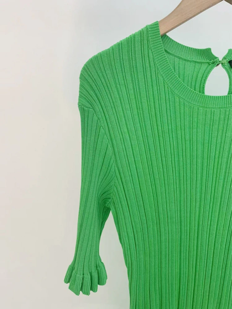 2022 Agaric Hem Knit Dress Solid Thread Middle Sleeve Women Dress