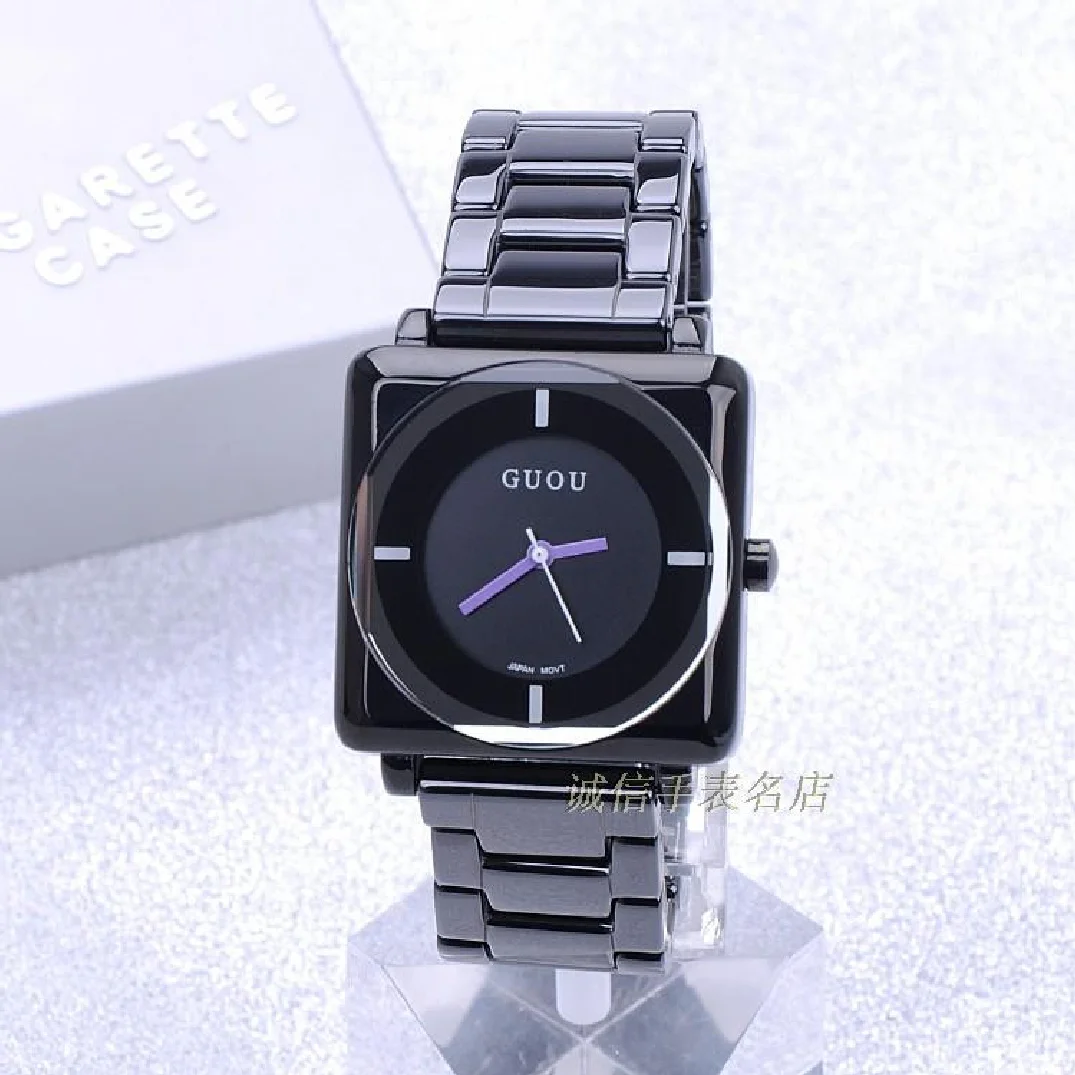 Fashion Guou Top Brand Quartz Waterproof Women's Watch Square Dial Black Full Stainless Steel Band Luxury Gift Lady WristWatch