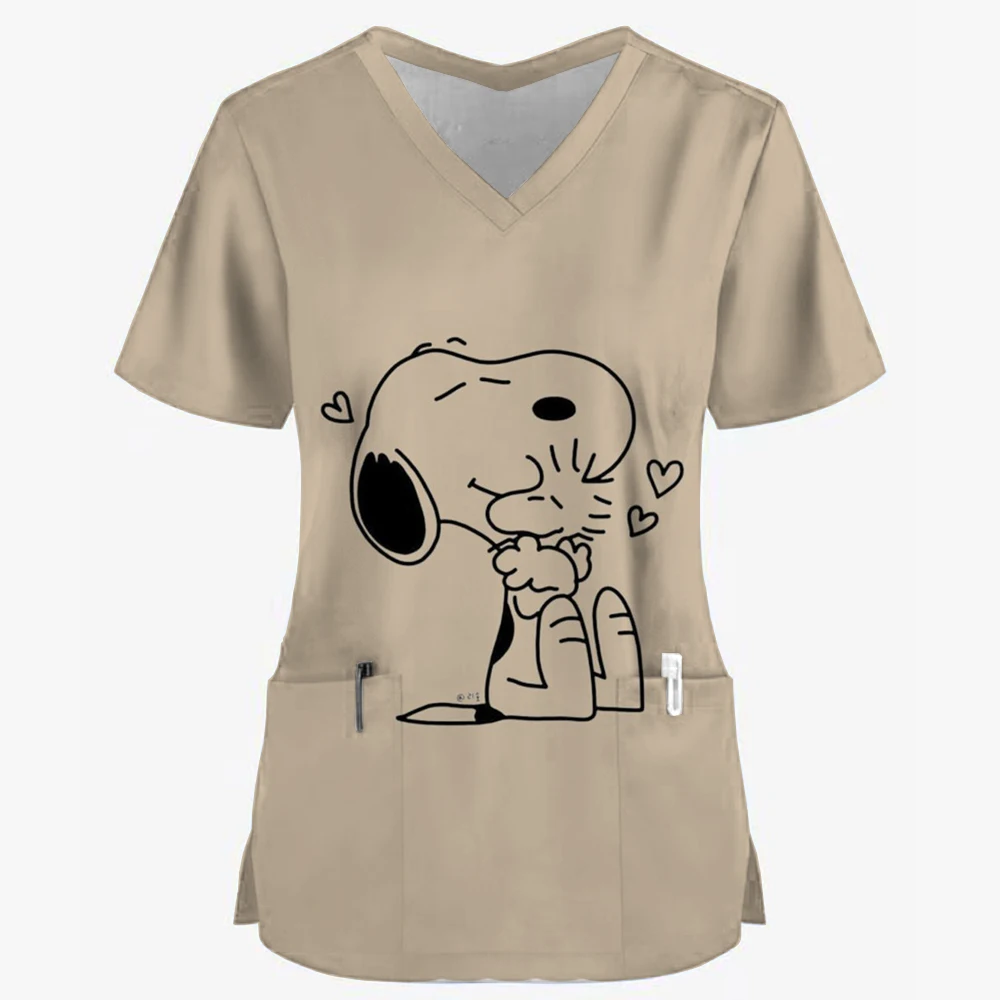 Женская Рабочая Униформа с принтом Снупи топы коротким рукавом и V-образным