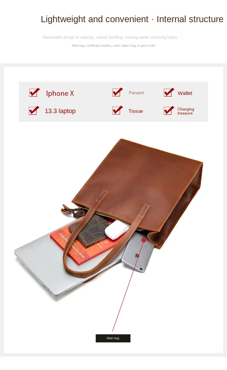 Retro Crazy Horse skin men's and women's bags men's leather bag head layer cowhide handbag large capacity leather carry bag W105