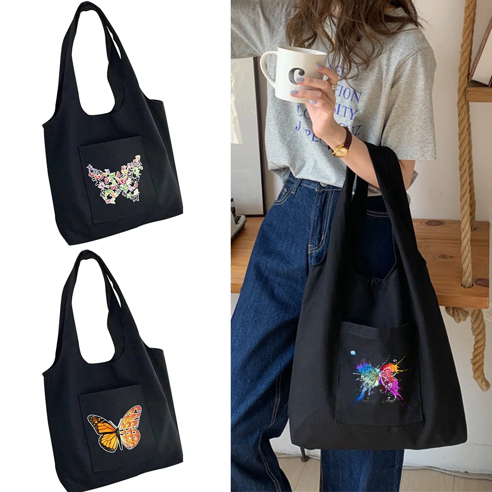 

Ladies Shopping Bag One Shoulder Shopping Vest Bag Butterfly Print Collection Commuter Canvas Grocery Eco Tote Bags