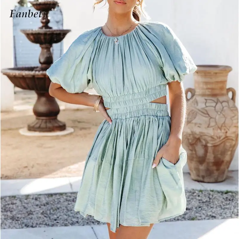 

Женское ажурное мини-платье, элегантное милое повседневное Плиссированное ТРАПЕЦИЕВИДНОЕ ПЛАТЬЕ с круглым вырезом и коротким рукавом, вес...