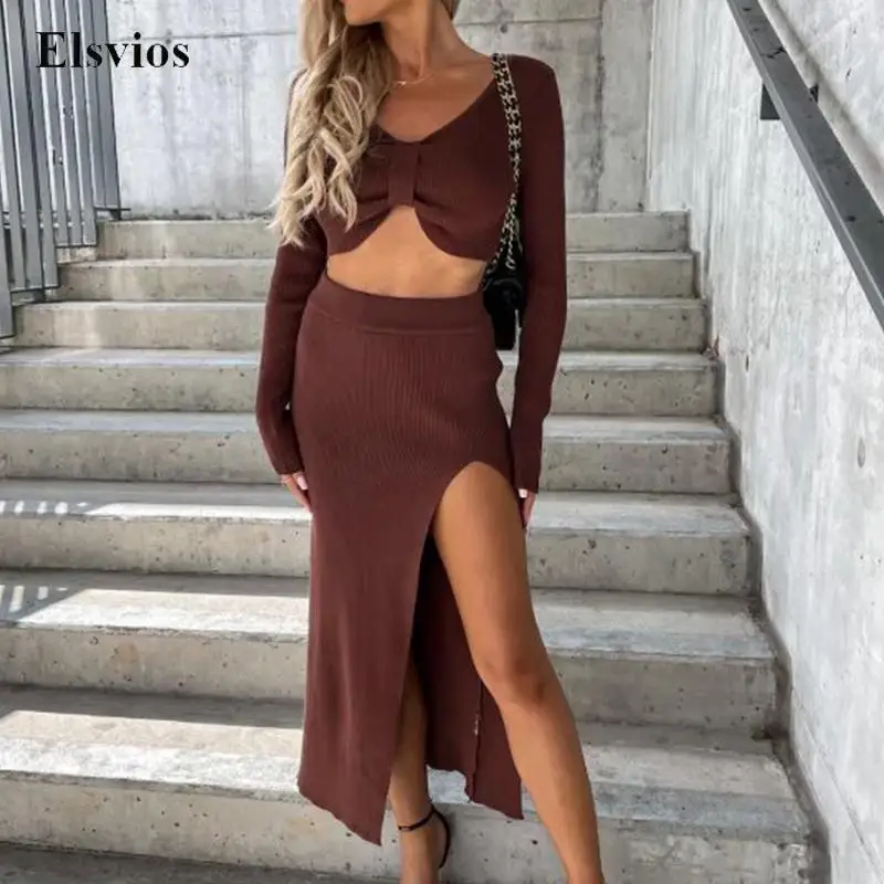 

Fashion Solid Office Lady Ribbed Suit Sexy Bow V Neck Crop Tops And Split Bodycon Skirt Outfits Casual Women Knitted 2 Piece Set