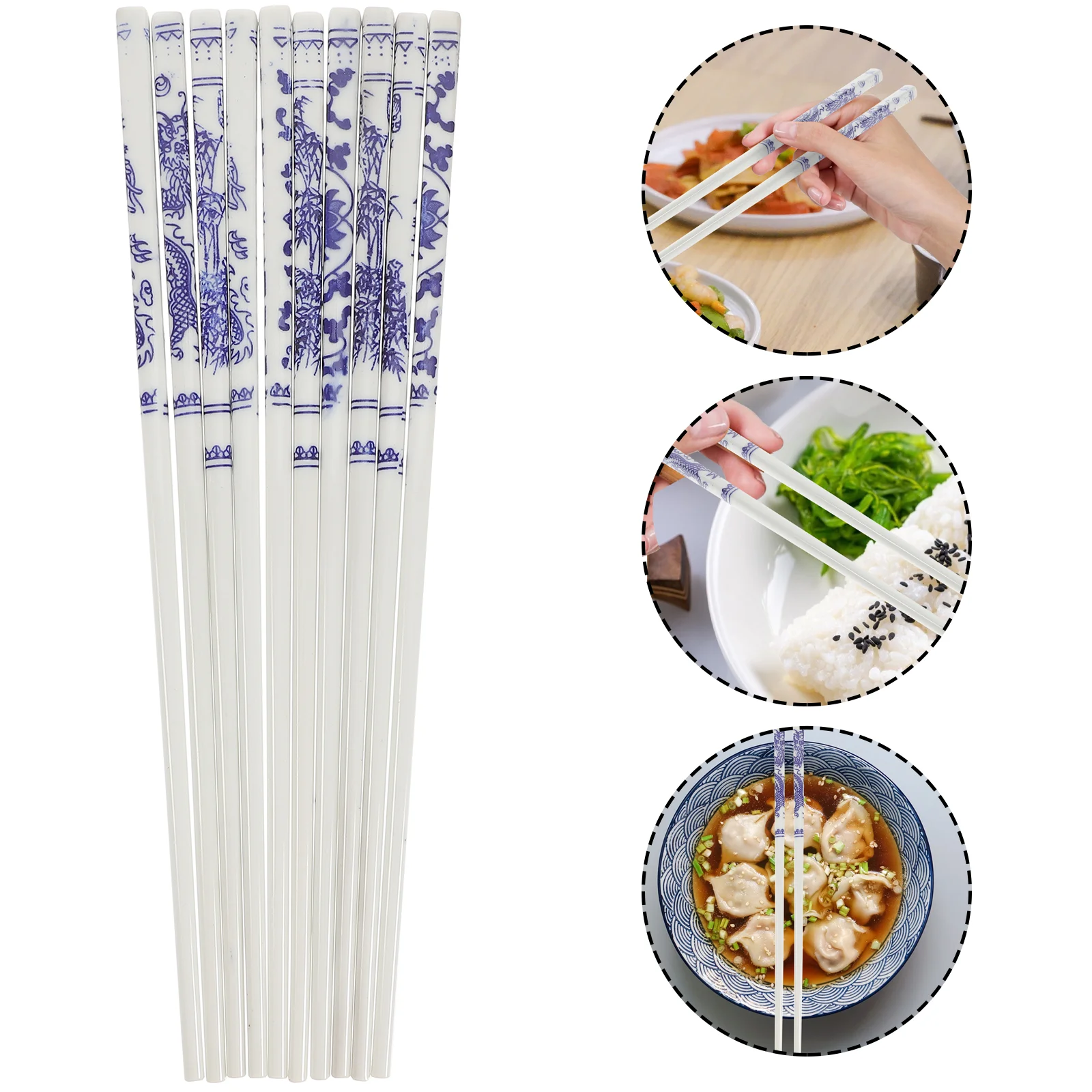 

5 Pairs Blue and White Porcelain Chopsticks Reusable Sticks Ceramic Delicate Non- Chop Sticks for Kitchen Dinner, Dishwasher