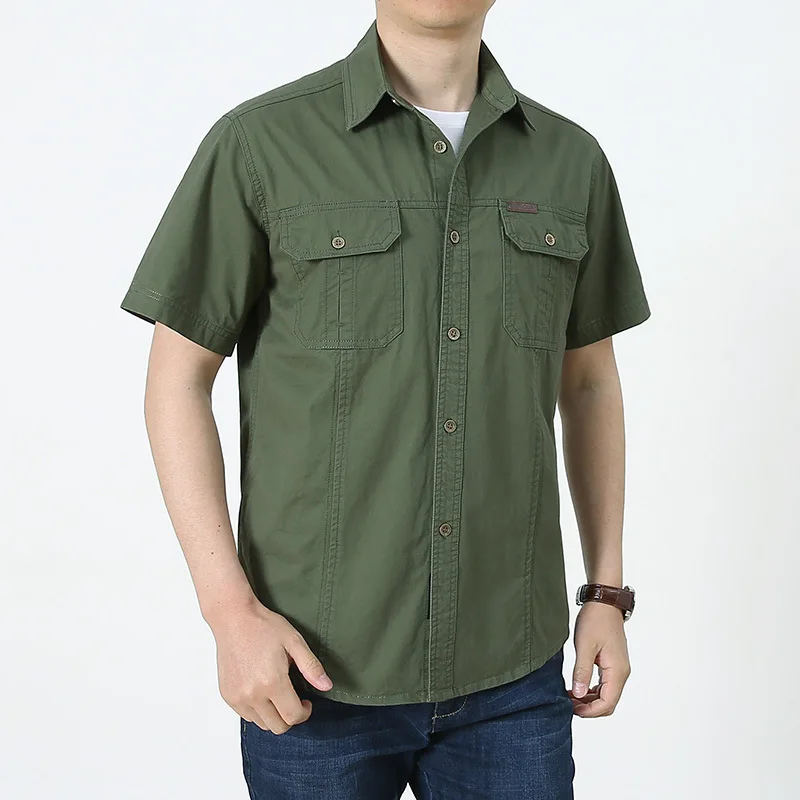 

Summer Casual Shirt Men Oversized Short Sleeve Tooling Shirts Multiple Pockets Men's Clothing Blouse Overshirt 5XL AF08