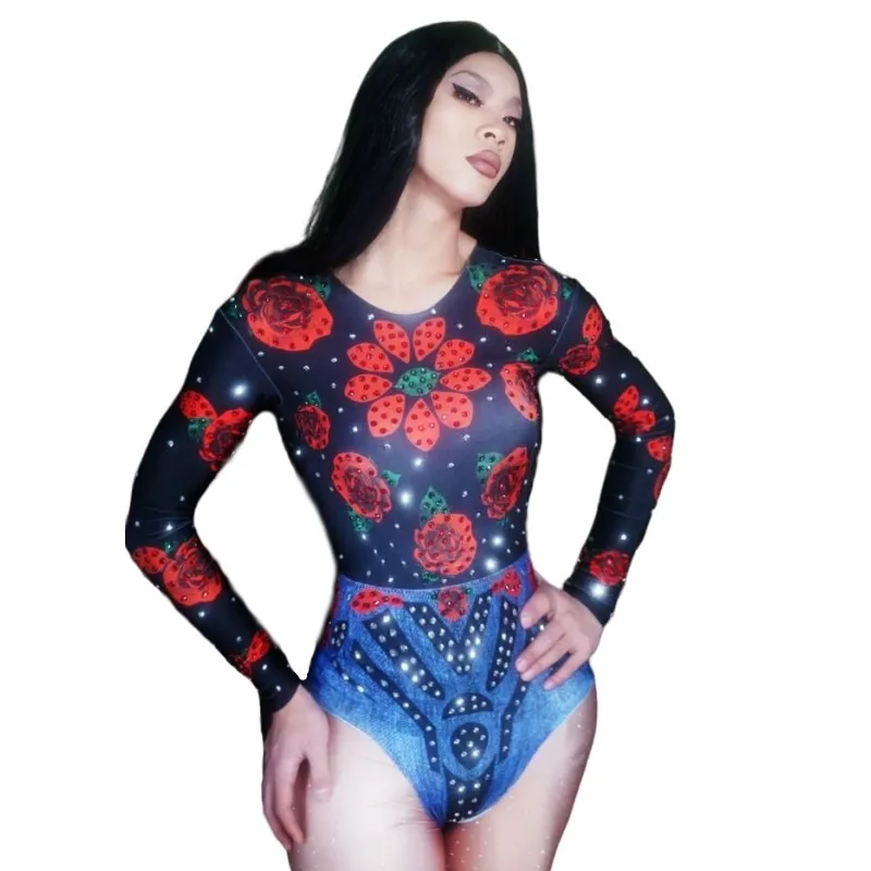 Боди с цветочным узором и кристаллами ночной клуб бар DJ танцовщица бальные танцы