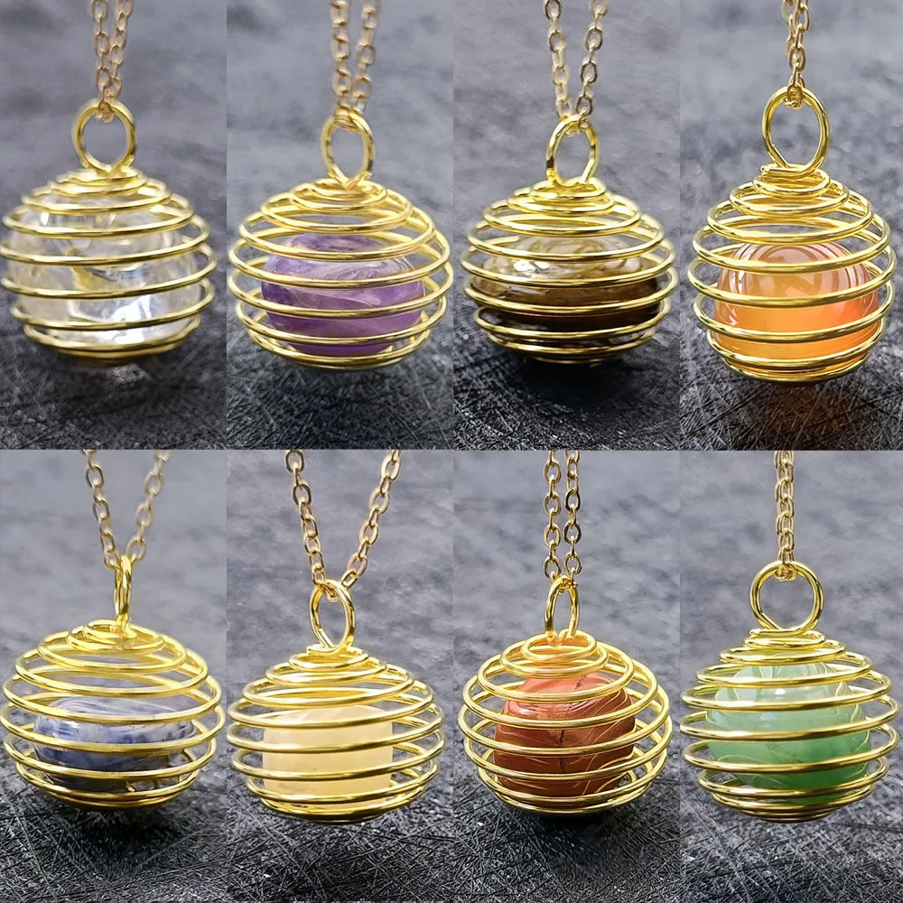 

Irregular Natural Crystal Agate Jade Copper Wire Winding Planet Seven-Color Gem Chakra Pendant Necklace Jewelry