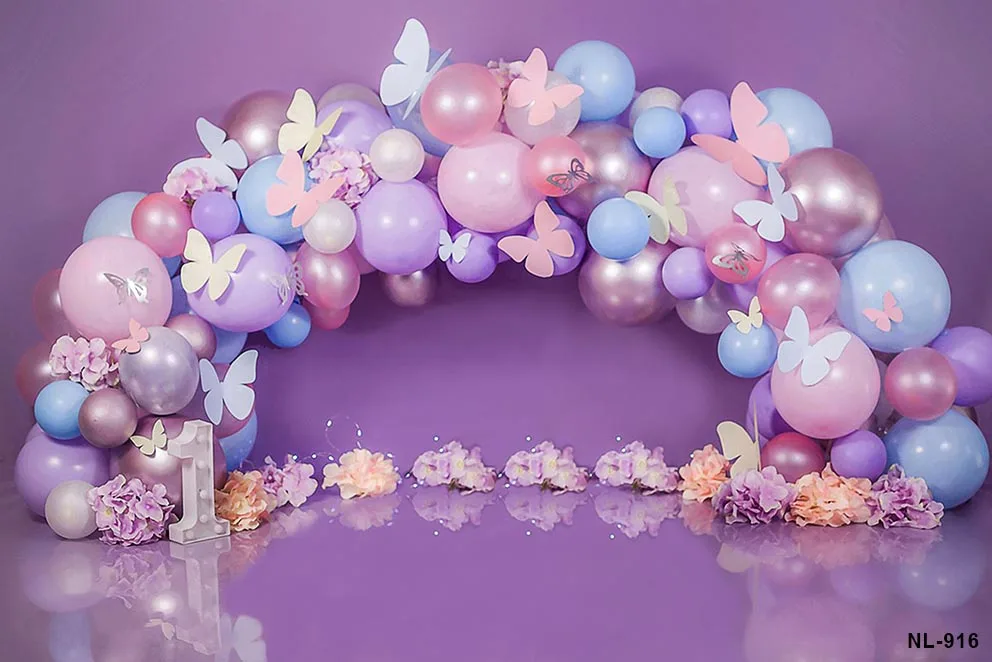 Фон для фотосъемки с розовыми цветами воздушными шарами бабочкой девушками на 1-й