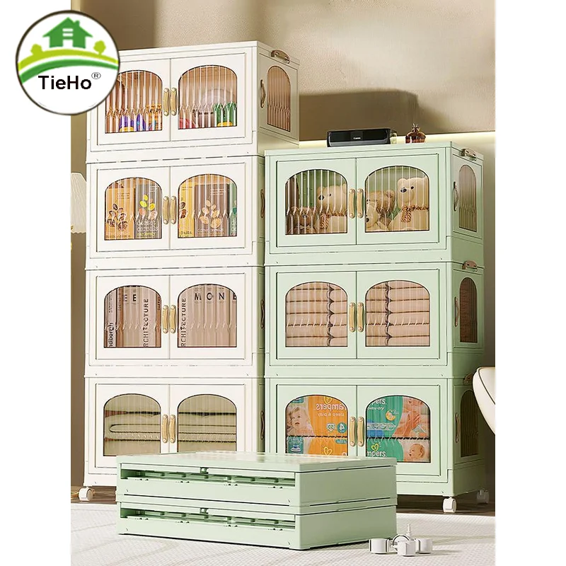 

Living Room Foldable Storage Cabinet With Wheels Installation-free Movable Clothes Storage Box Transparent Storage Bin Accessory