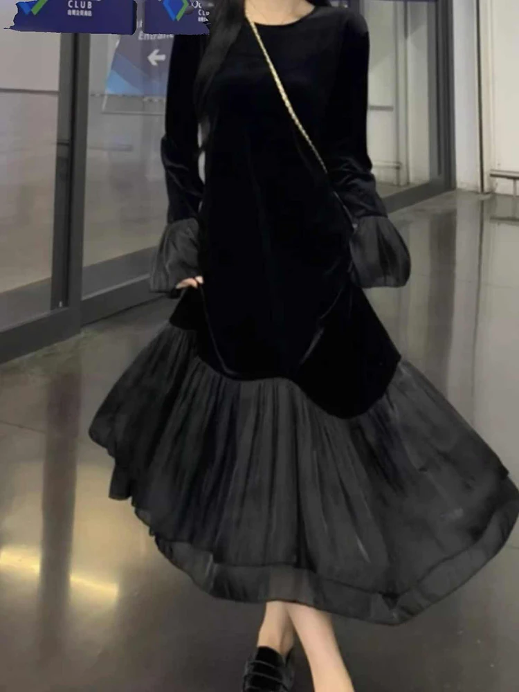 Женское бархатное платье-годе с длинным рукавом и круглым вырезом