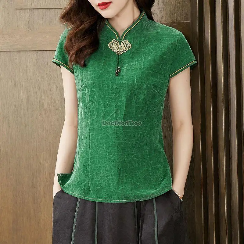 

2023 chinese retro style yarn blouse women embroidered cheongsam tang suit top improved short sleeve stand collar shirt s364