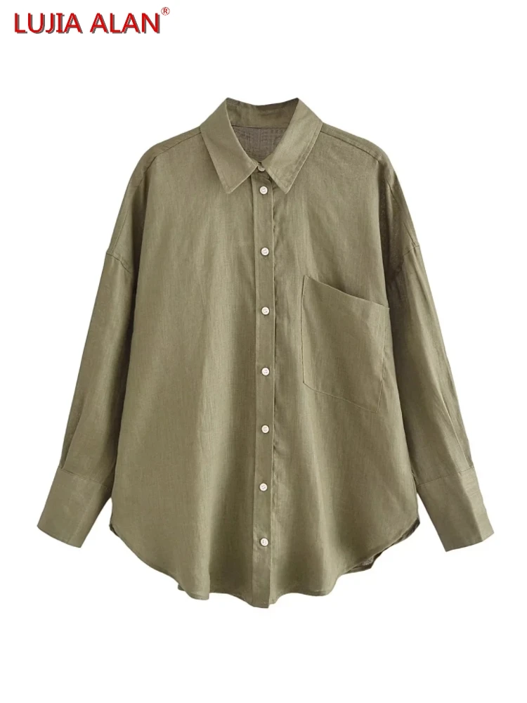 

2023 New Women Oblique Pocket Linen Shirts Female Casual Long Sleeve Blouse Holiday Style Loose Tops LUJIA ALAN B1620