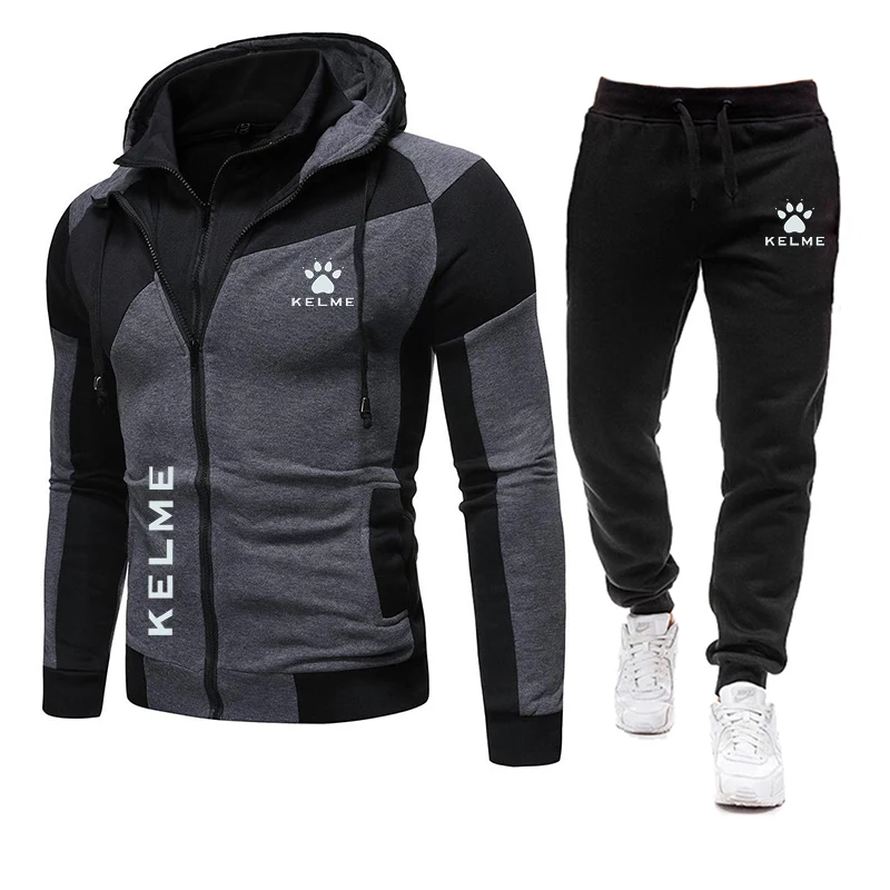 

Брендовый мужской спортивный костюм KELME, комплект с толстовкой с принтом, флисовая толстовка с двойной молнией, повседневные спортивные брю...