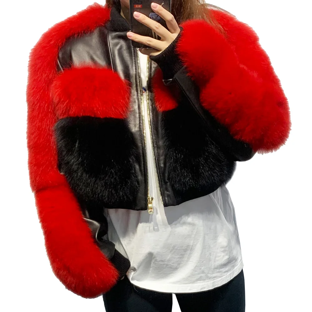 

2023 Autumn Leather Jacket With Real Fox Fur Decorate