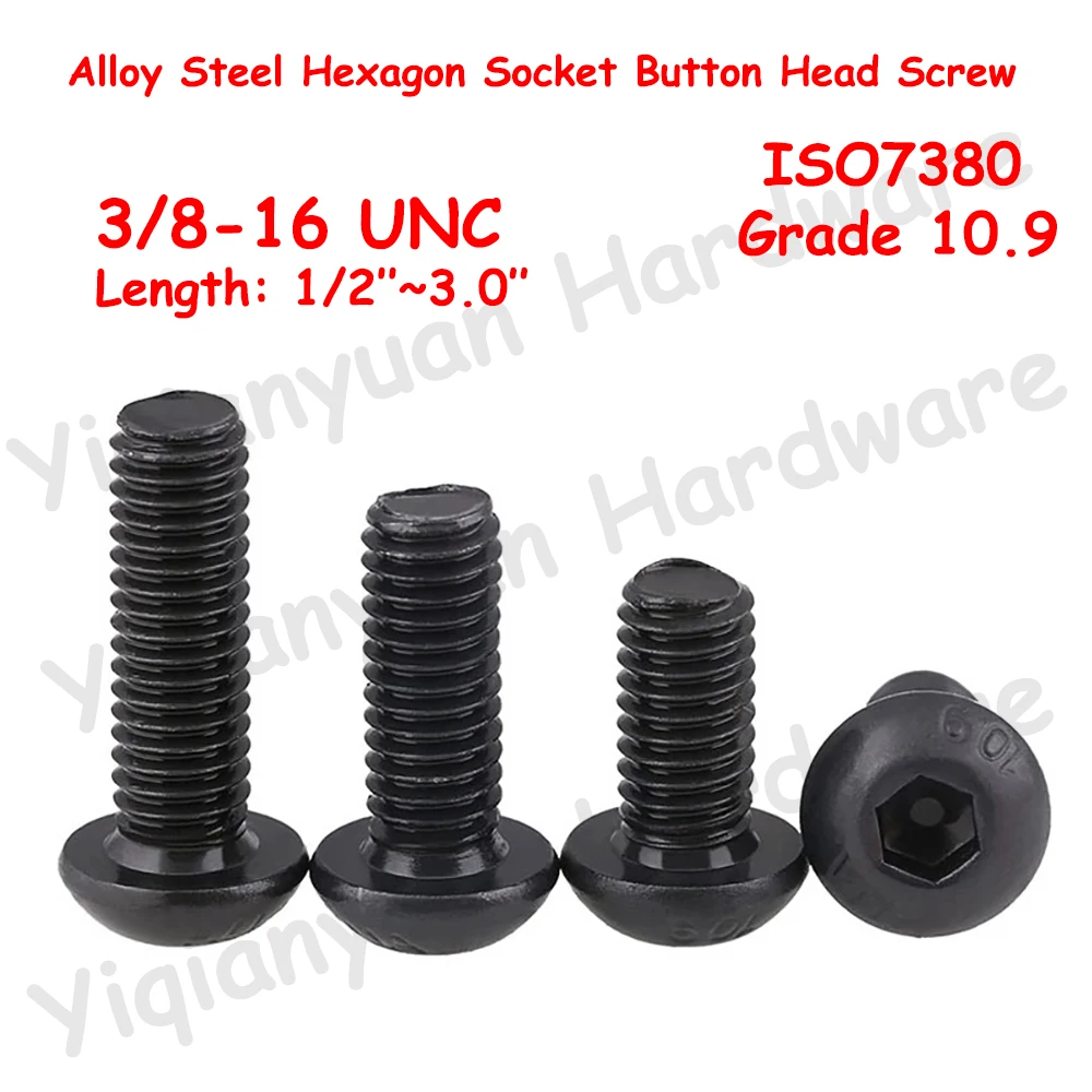 

Yiqianyuan ISO7380 3/8-16 UNC Thread Hexagon Socket Button Round Head Screws Grade 10.9 Alloy Steel Black Oxide Allen Key Bolts