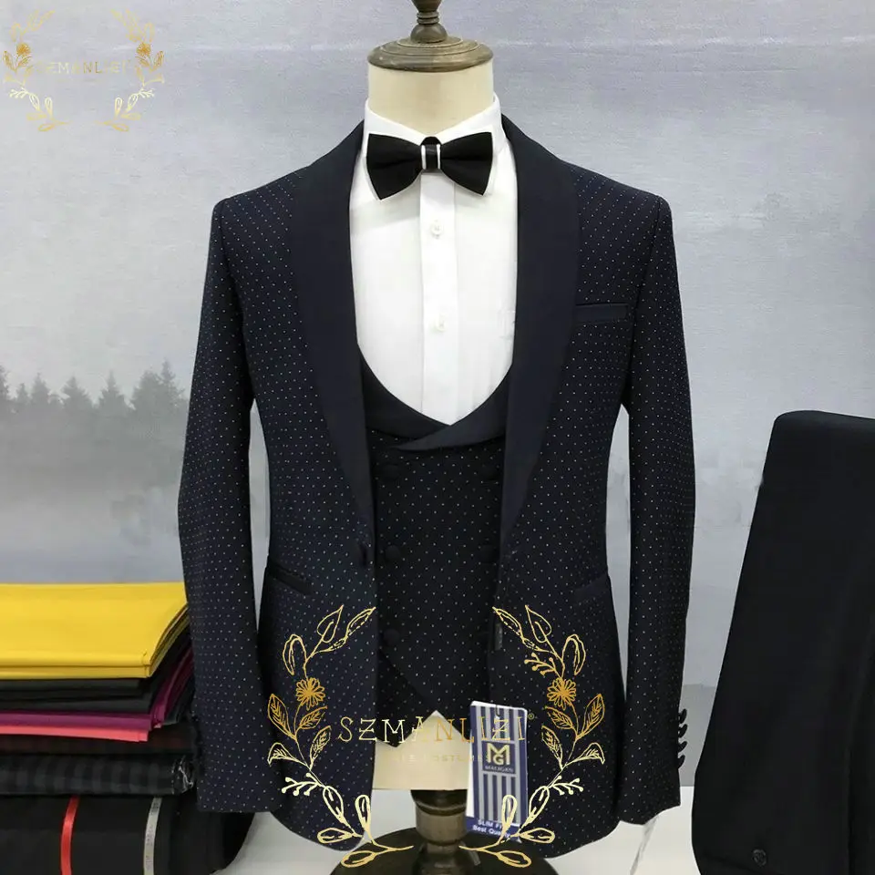 

SZMANLIZI Mens Wedding Suits 2022 Newest Design Custom Made Black Dots Smoking Tuxedos Blazer 3 Pieces Groom Terno Suits For Men