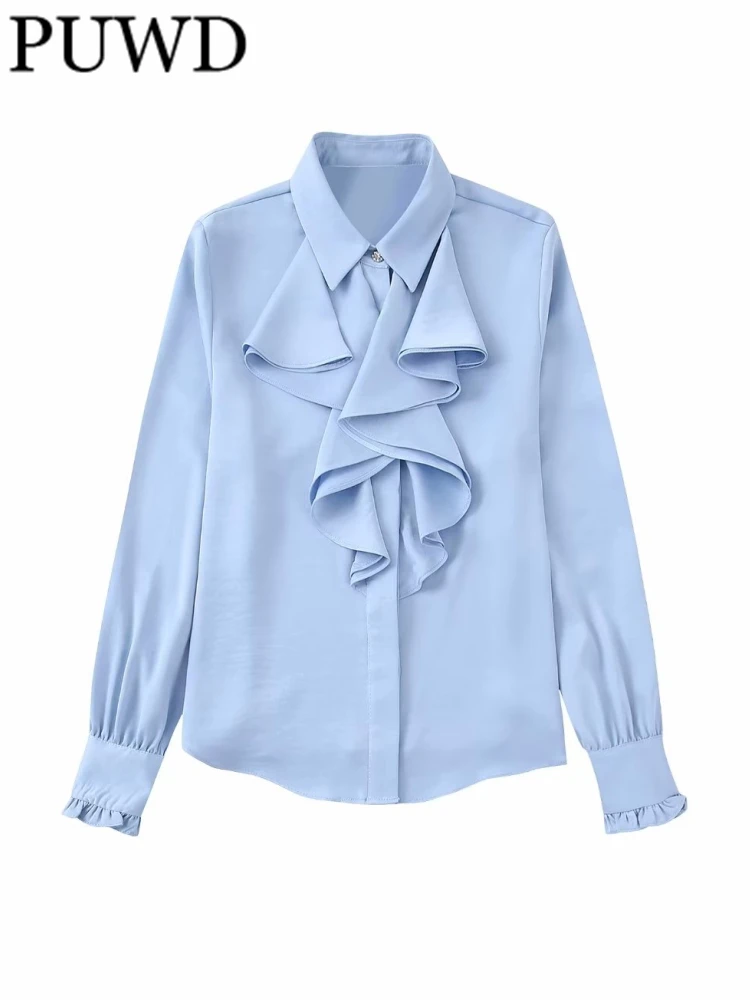 

PUWD Women Fashion Blue Laminated Decoration Satin Textured Shirts 2023 Spring Vintage Polo Neck Long Sleeve Female Blouses Chic