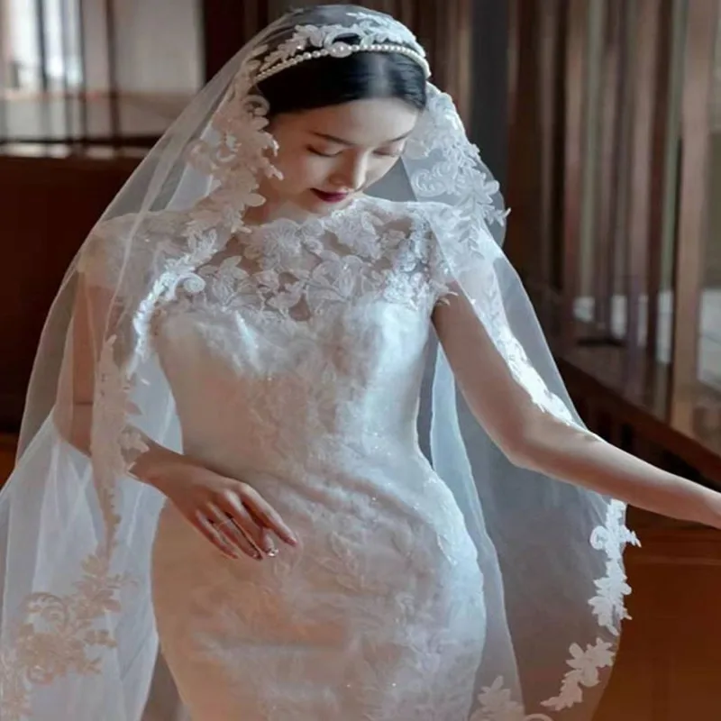 

Новая Фата для невесты, белая мягкая кружевная Фата с большим кружевом, свадебная фата с длинным хвостом, роскошная кружевная Фата