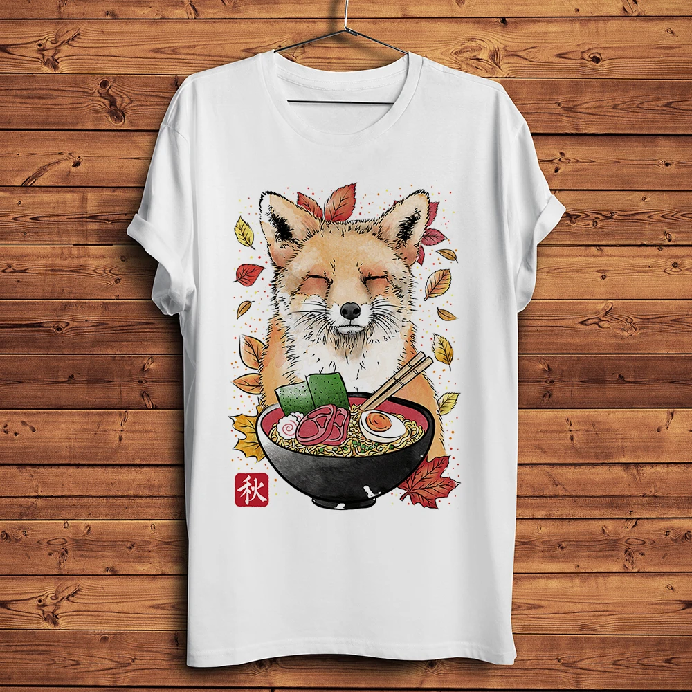 

autumn Fox with fallen Leaves and Ramen funny t shirt homme men new white casual short sleeve tshirt unisex streetwear tee