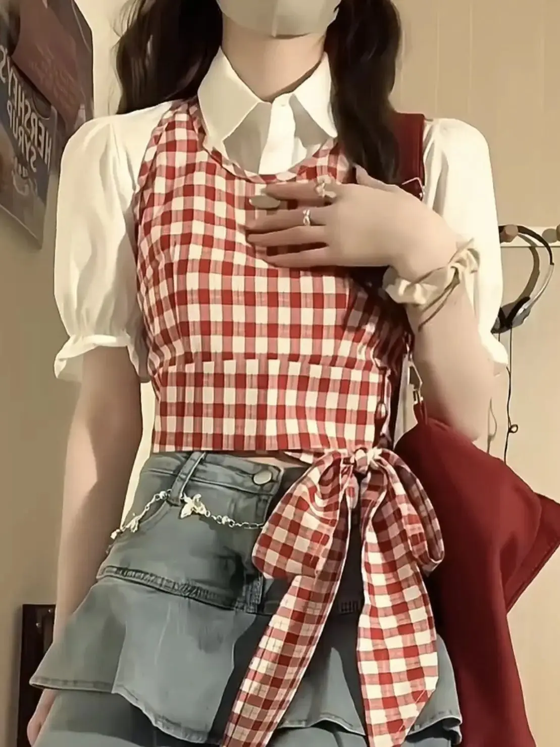 2024 корейский хип-хоп Красный Клетчатый жилет с бантом на шее Женская Летняя