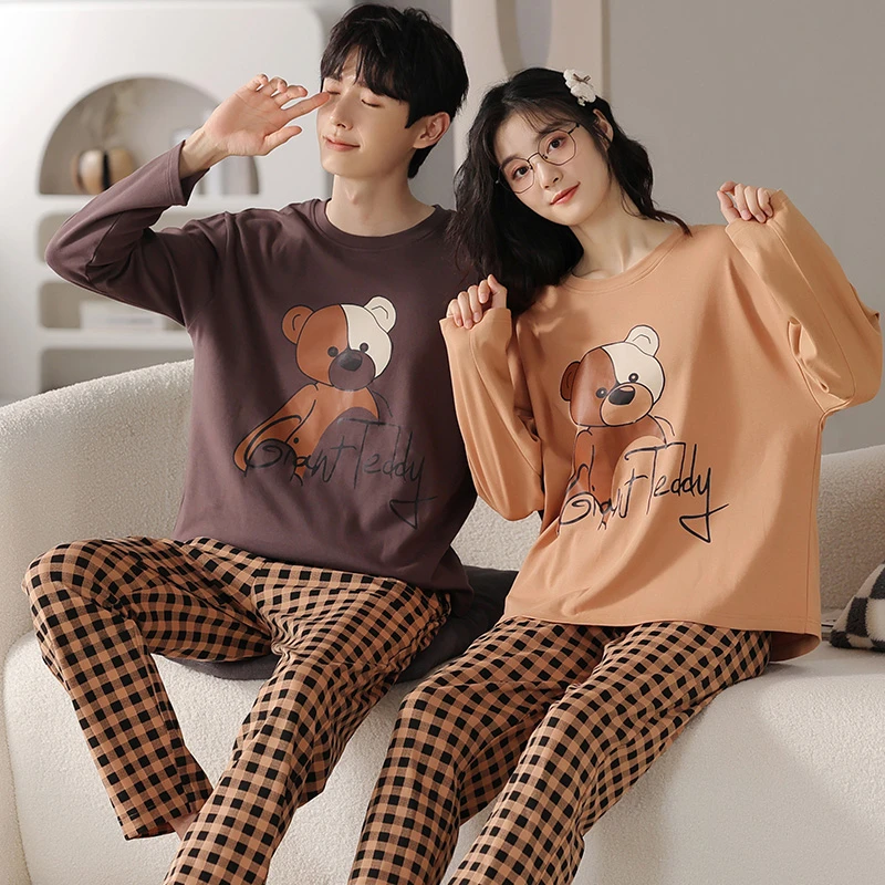 CAIYIER Letter Lovers Nightwear Suit Winter O-Neck Cartoon Couple Sleepwear Men & Women Soft Sweet Pajamas Set Male Lounge Wear
