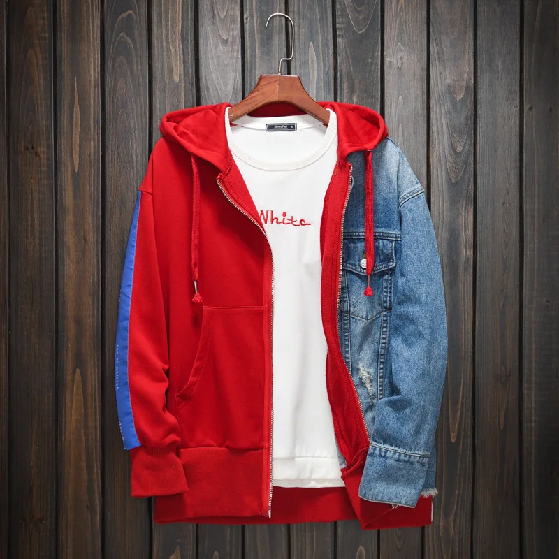 

Мужская демисезонная джинсовая куртка, красная и джинсовая куртка с прострочкой, Молодежный модный бренд, привлекательная сексуальная кур...