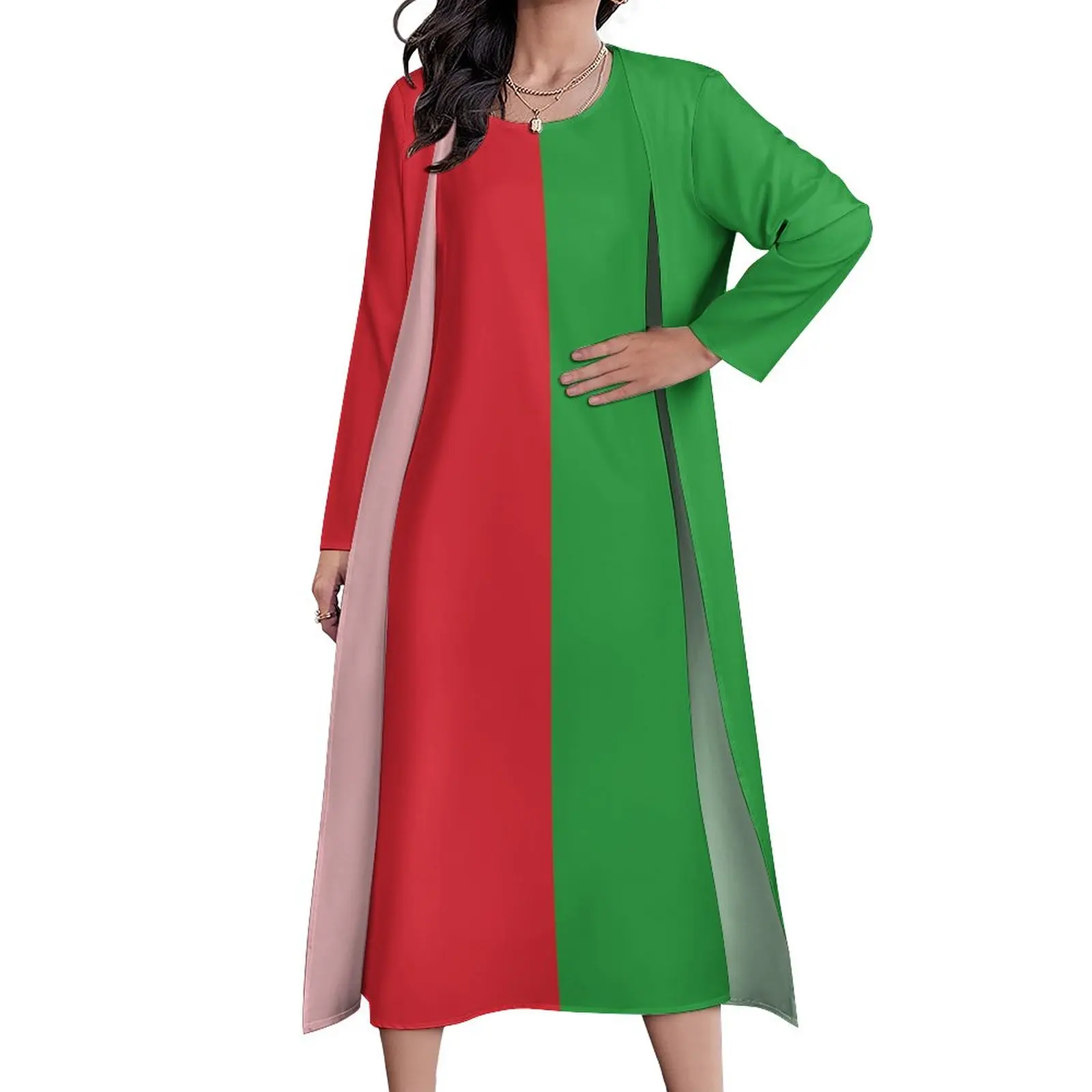 

Two Tone Design Dress Red And Green Sexy Maxi Dress Two-Piece Graphic Bohemia Long Dresses Street Style Oversized Vestido