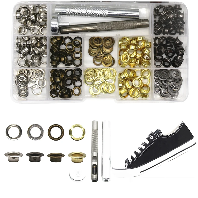 

200 Sets 6mm Metal Eyelet Buckle + Installation Tools High Quality Shoe Eye Tag Air Eye Buttons DIY Handmade Buttons