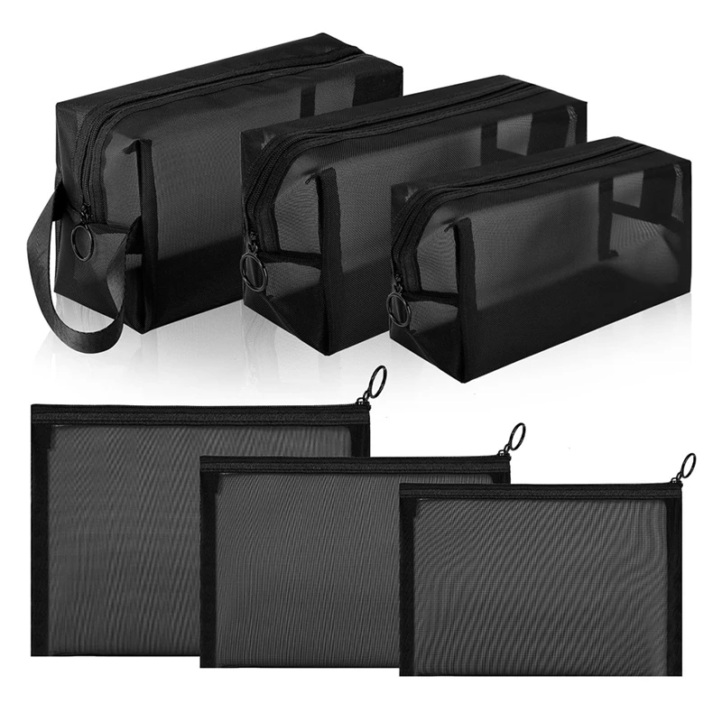 

6Pcs Portable Black Mesh Breathable Zipper Pouch Toiletry Storage Pouch For Home Offices Travel Accessories