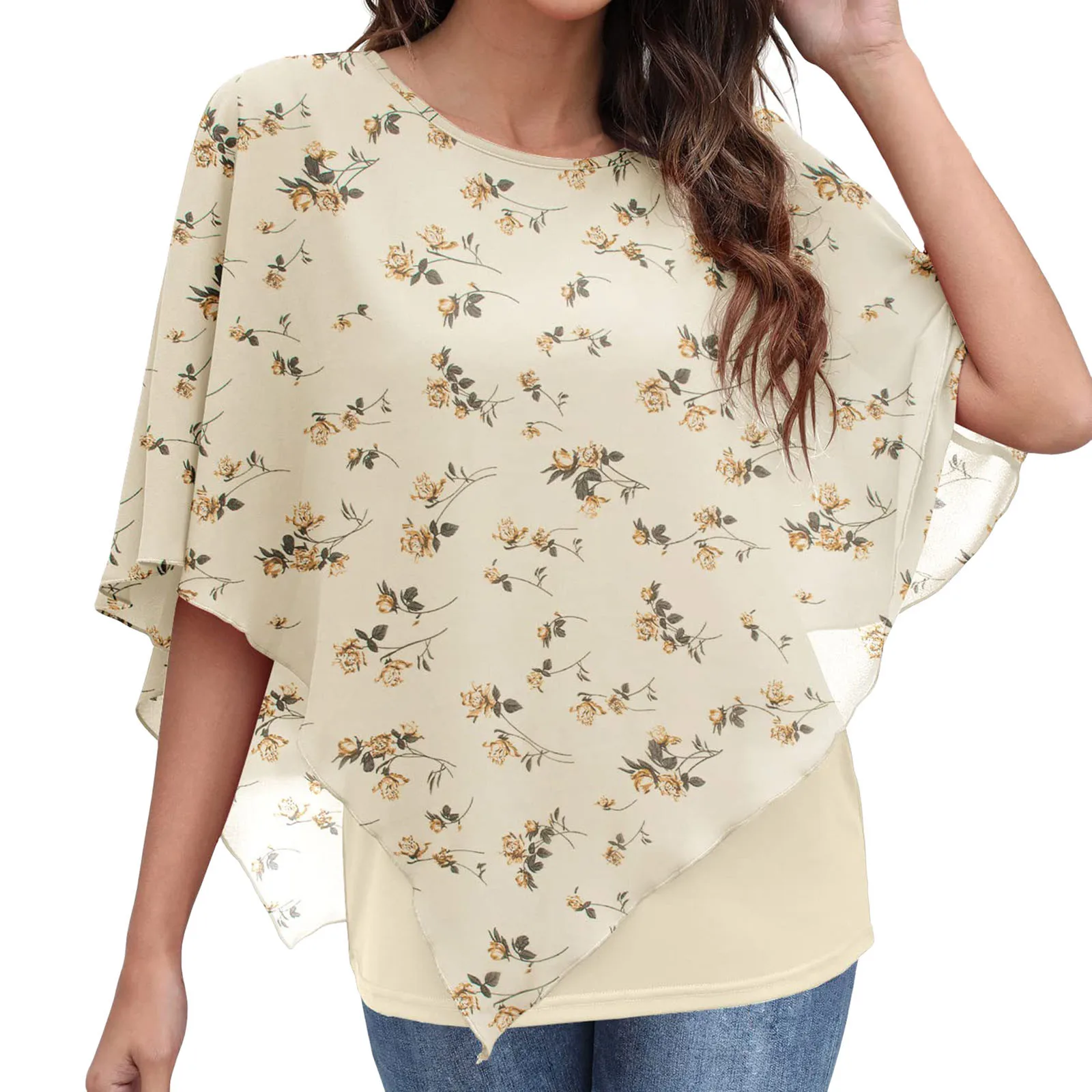 

Шифоновая Блузка с цветочным принтом, женская рубашка с асимметричным подолом, женская Свободная блузка с круглым вырезом, одежда для женщин, повседневная одежда