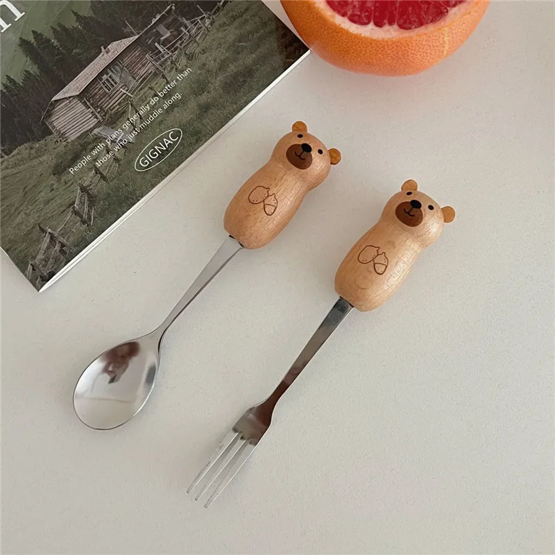 

Милая мультяшная вилка и ложка с маленьким медведем, ручка из массива дерева, искусственная кожа из нержавеющей стали, кофейная ложка, детский подарок