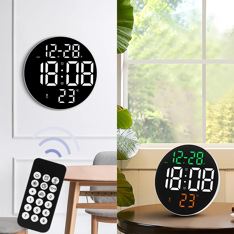 Digital Remote Control Temp Week Date Display Modern Home Decor Wall-mounted Dual Alarms Led Clocks