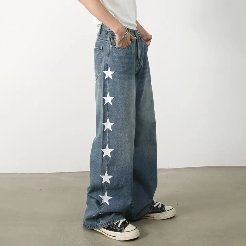 HOUZHOU Y2K Star Jeans Men Distressed Denim Wide Leg Trousers Hip Hip Harajuku Loose Casual Pants with Print Korean Streetwear