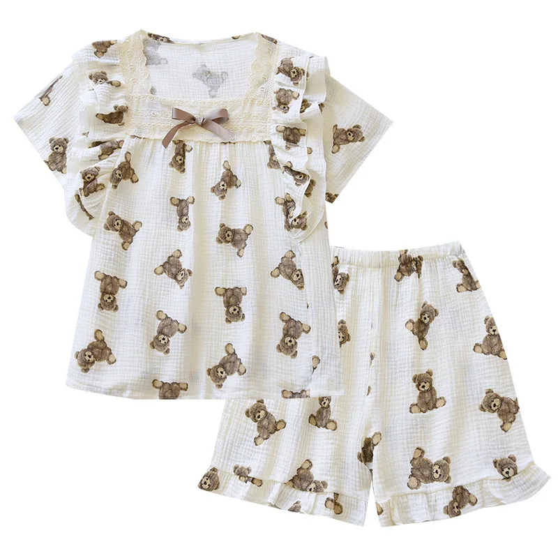 Lace Cotton Crepe Pajamas Set Woman Summer Nightwear Short Sleeve Shorts Cartoon Bear Square Collar Thin Korean Home Clothes Pjs