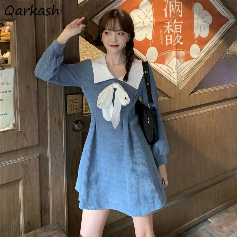 

Женское вельветовое мини-платье с открытой спиной, милое платье в стиле преппи с воротником «Питер Пэн» и высокой талией в стиле принцессы, минималистичный дизайн, Kpop