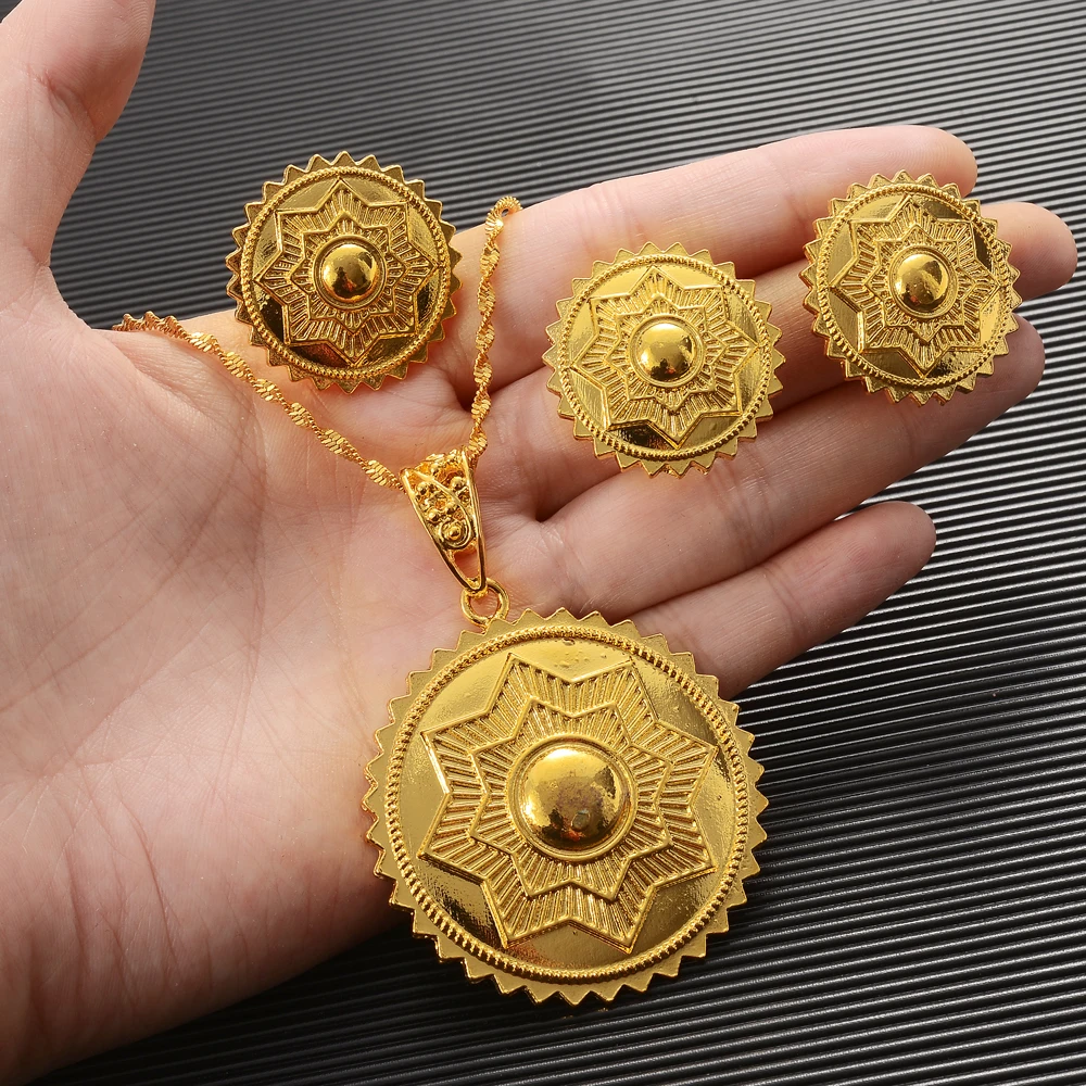 

Gold Color Ethiopian Dubai Big Pendant Jewelry Sets Necklace Earrings Ring Wedding Bride Habesha Sets African Party Gift