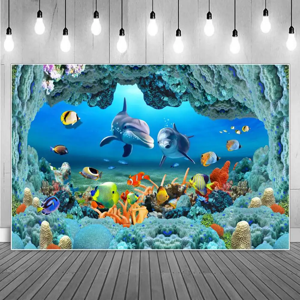 

Undersea Dolphin Cave Photography Backgrounds Tropical Jungle Ocean Seabed Fish Rock Hole Scenery Photographic Backdrop Portrait